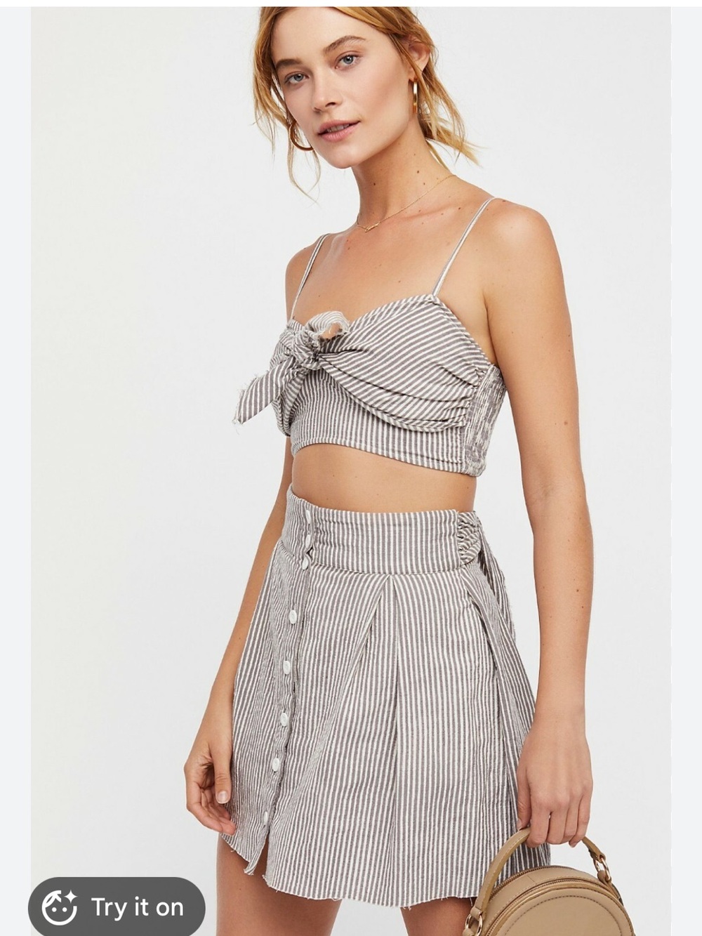 Free People Twin Ties Railroad Striped Tie-Front Crop Top & Button Skirt Set S